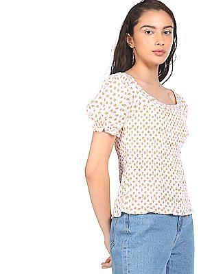 white square neck floral print printed top