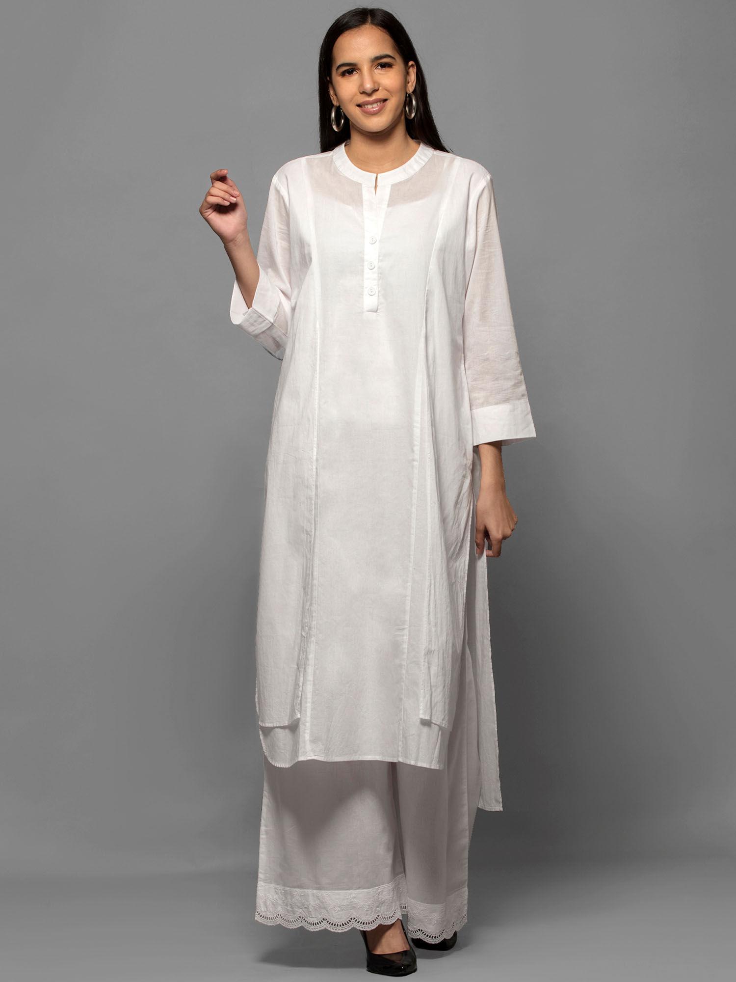 white straight embroidered kurta and wide leg pants (set of 2)