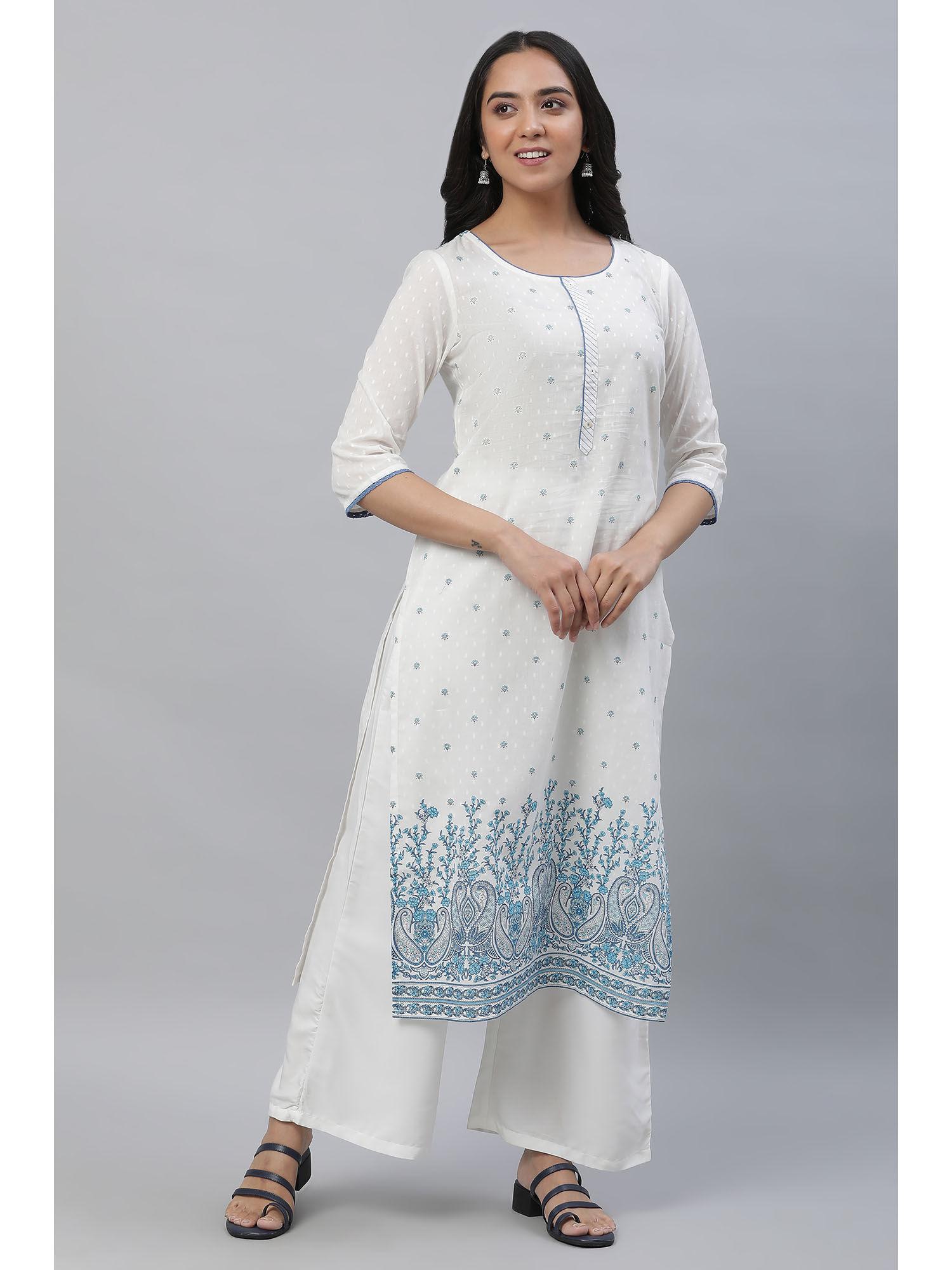 white straight kurta in blue floral print