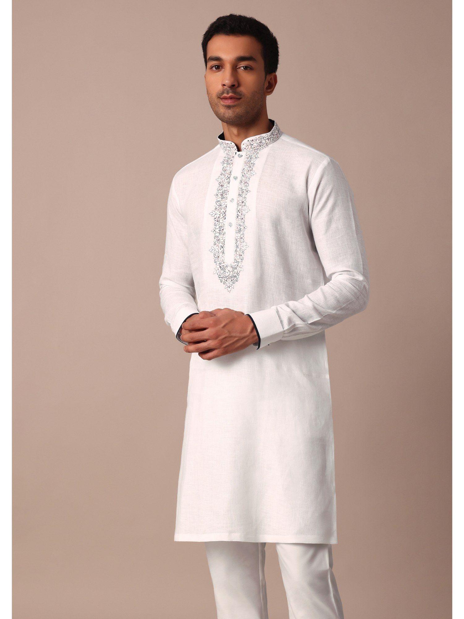 white straight linen kurta with yoke detail