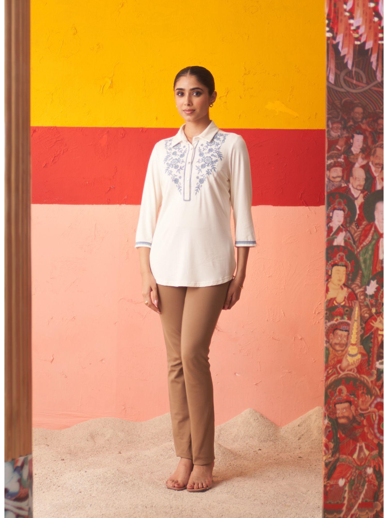 white stretchable tunic with thread and lace work