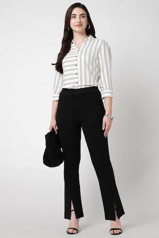 white stripe casual 3/4th sleeves regular collar women slim fit shirt