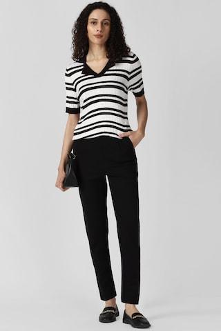 white stripe casual half sleeves v neck women regular fit top