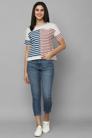 white stripe casual short sleeves round neck women regular fit t-shirt