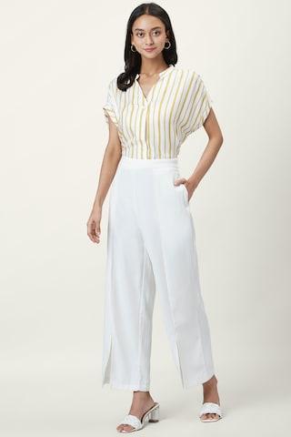 white stripe casual short sleeves slit neck women comfort fit shirt