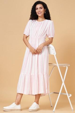 white stripe round neck casual maxi half sleeves women flared fit dress