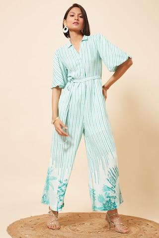 white stripe v neck casual maxi flared sleeves women regular fit jumpsuit