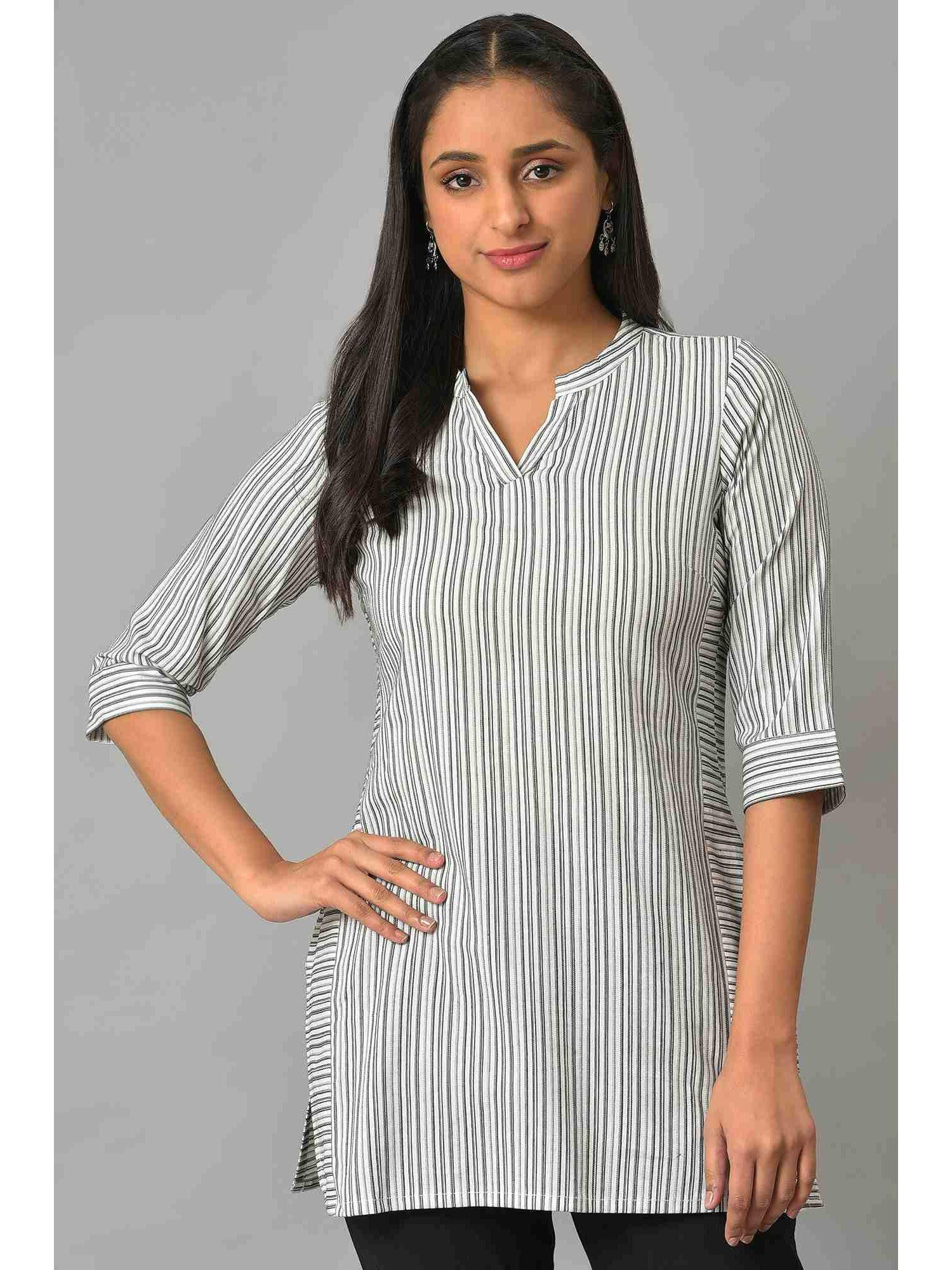 white striped collar band with v-slit kurti