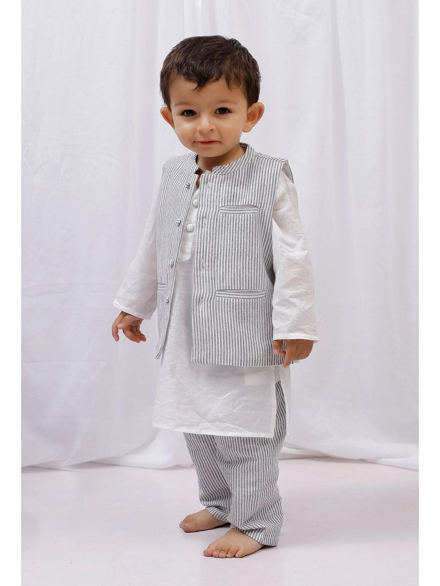 white striped cotton kurta and pyjama with black striped nehru jacket (set of 3)