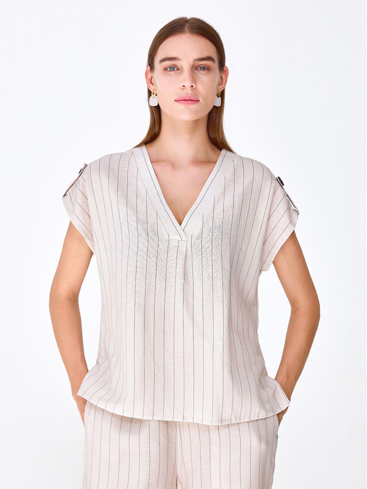 white striped linen shell top