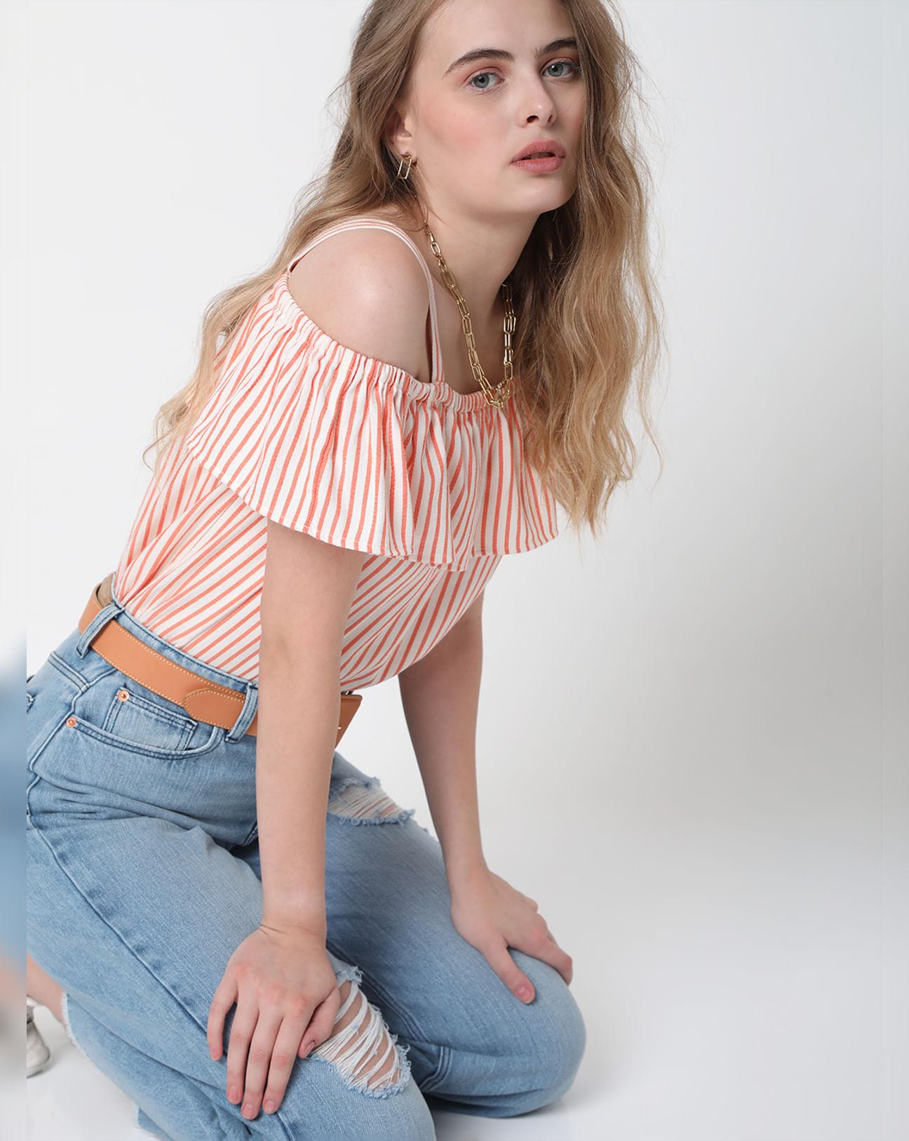 white striped off-shoulder top