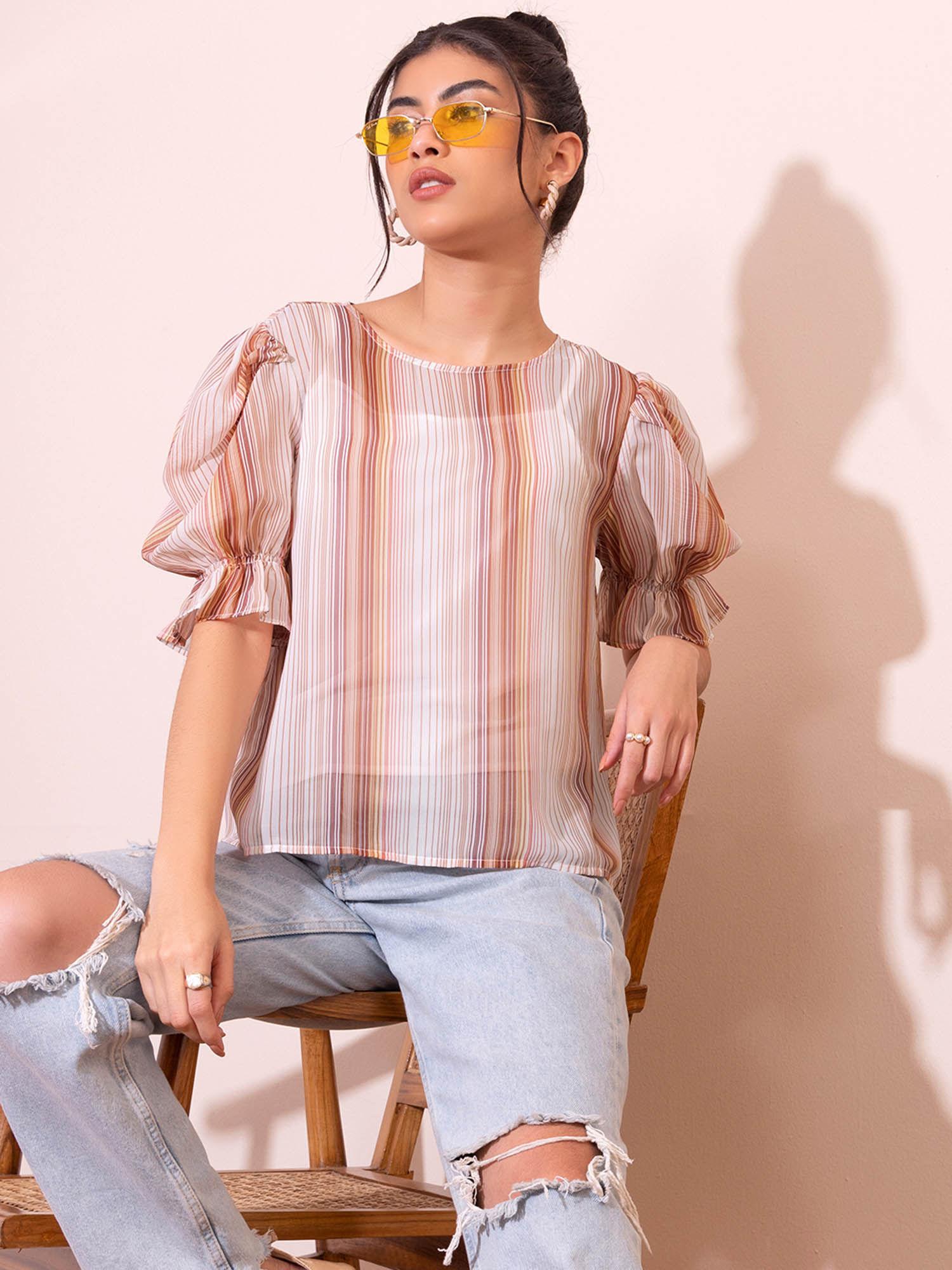 white striped puff sleeve top