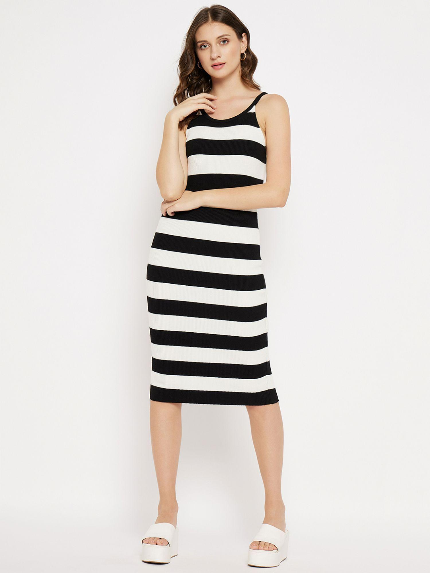 white stripes scoop neck knee length dress