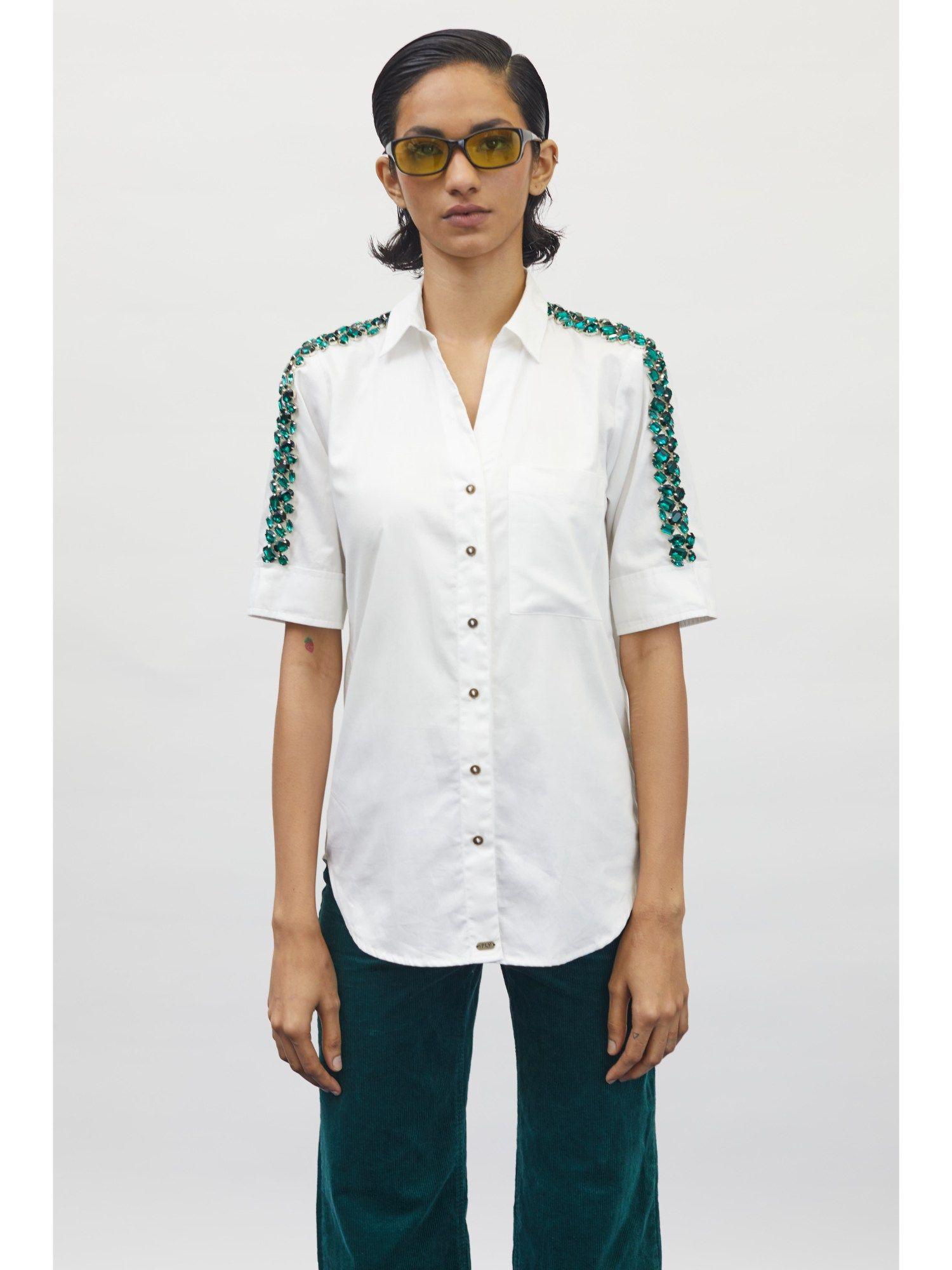 white swarovski emerald ribbon shirt