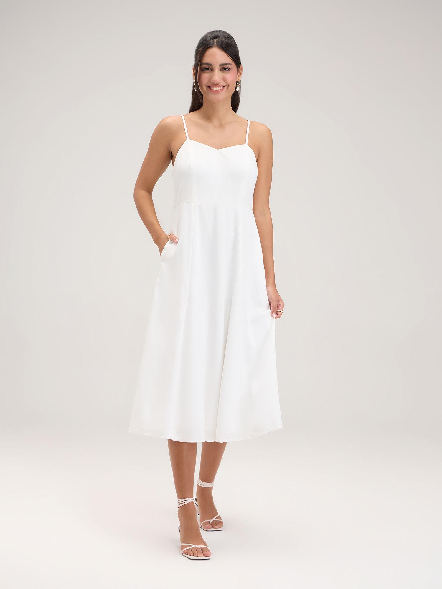 white sweetheart neck fit and flare midi dress