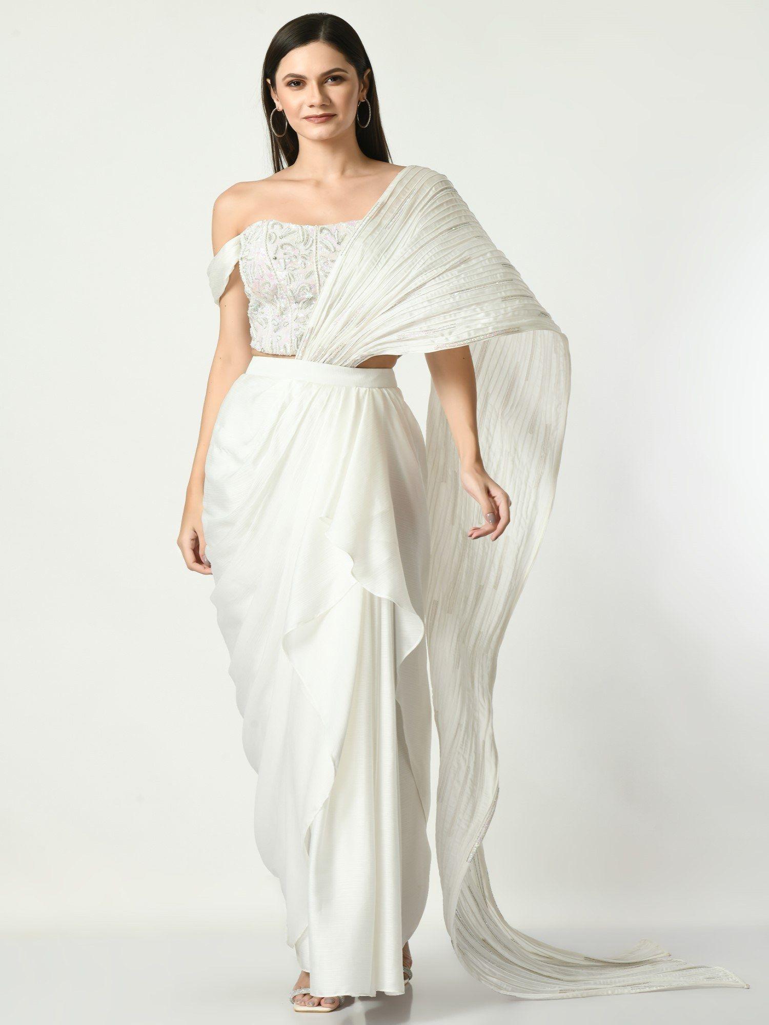 white swirl pre-draped saree embroidery sequin corset with stitched blouse