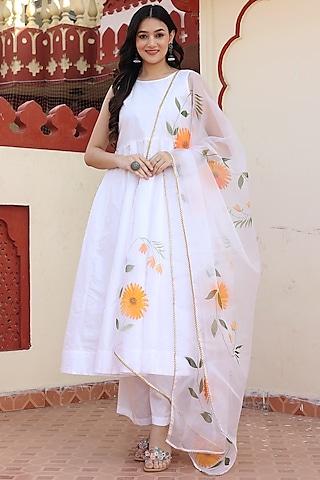 white taffeta silk anarkali set