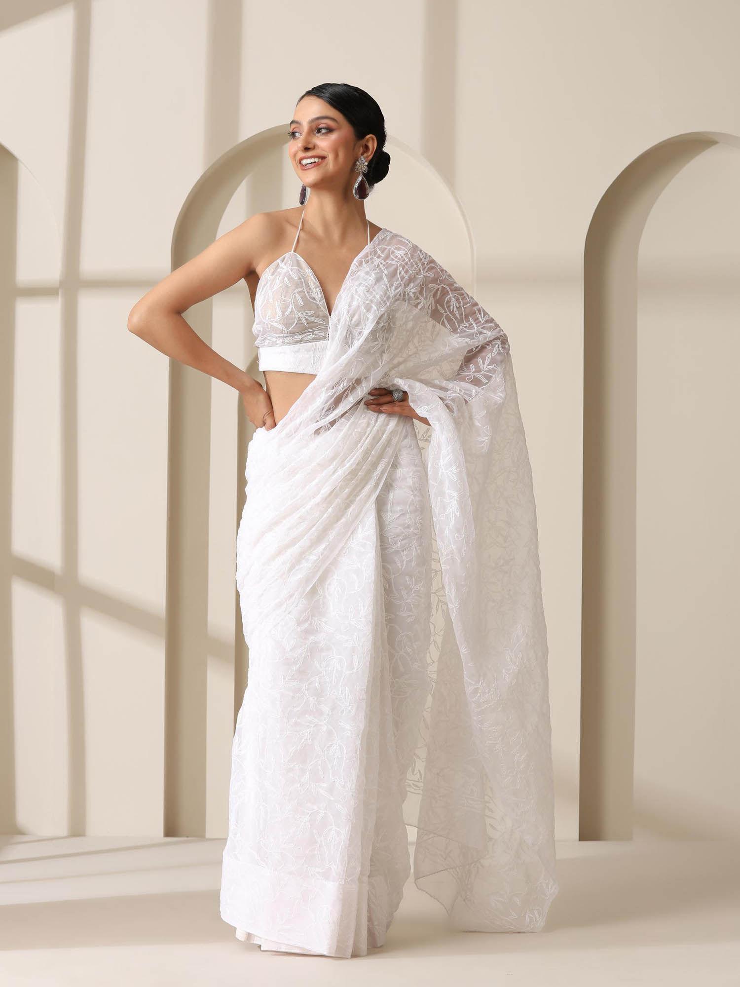 white tepchi hand chikankari pure georgette saree with unstitched blouse