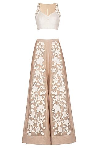 white textured & embroidered crop top with beige palazzo pants
