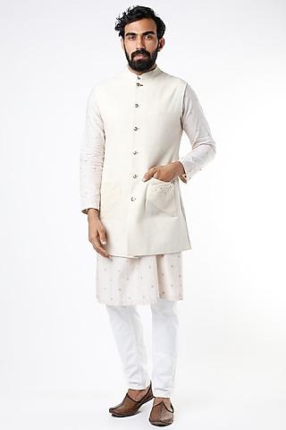 white textured cotton long nehru jacket