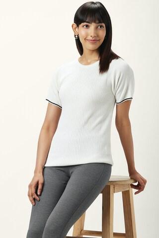 white textured formal half sleeves round neck women slim fit top