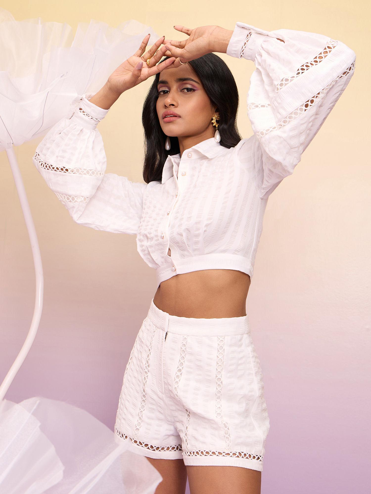 white textured lace crop shirt and shorts co-ord (set of 2)