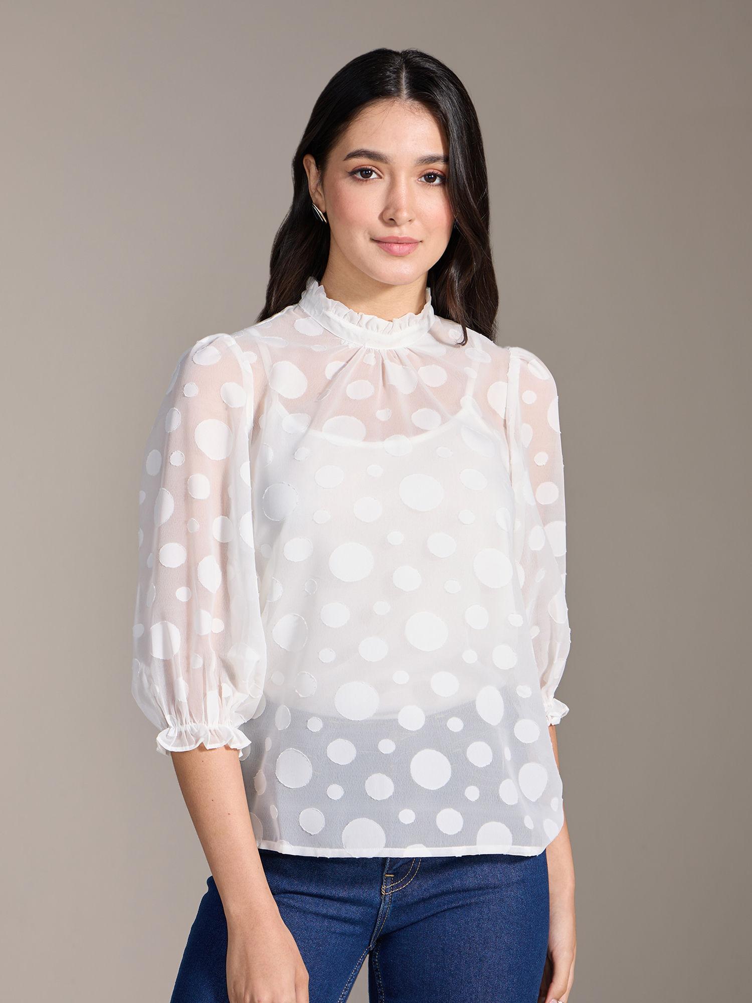 white textured ruffled neck puff sleeves top