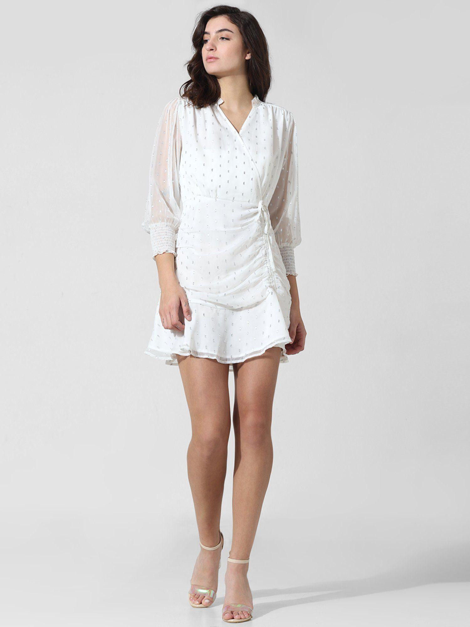 white textured weave wrap dress