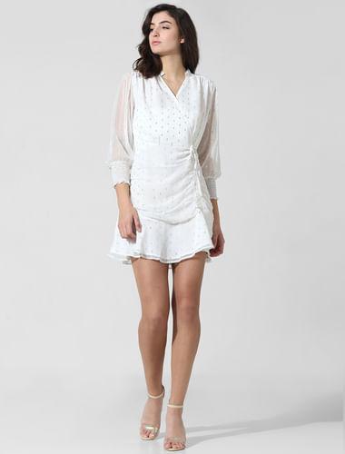 white textured weave wrap dress