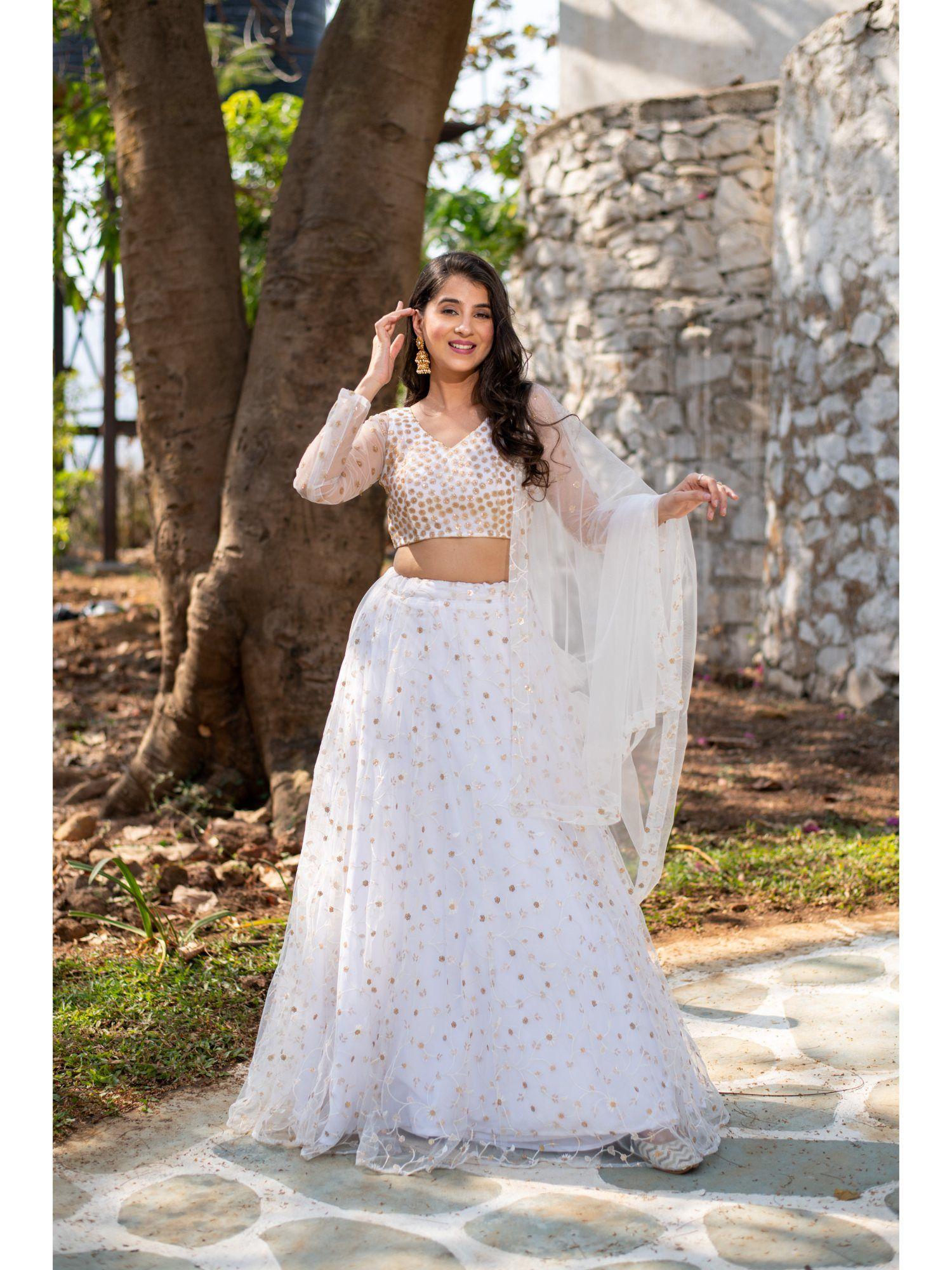 white thread and sequin work lehenga with choli and dupatta (set of 3)