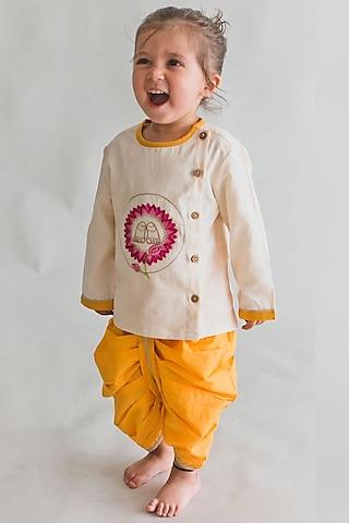 white thread embroidered kurta set for boys