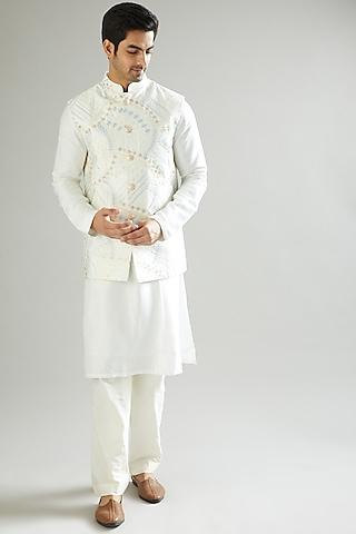 white thread embroidered nehru jacket