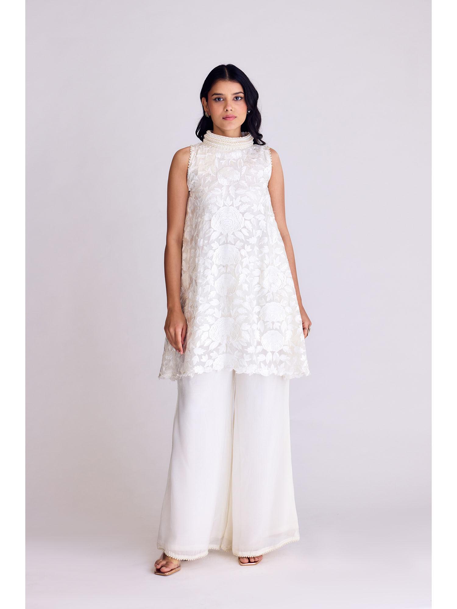 white thread work kurta with palazzo (set of 2)