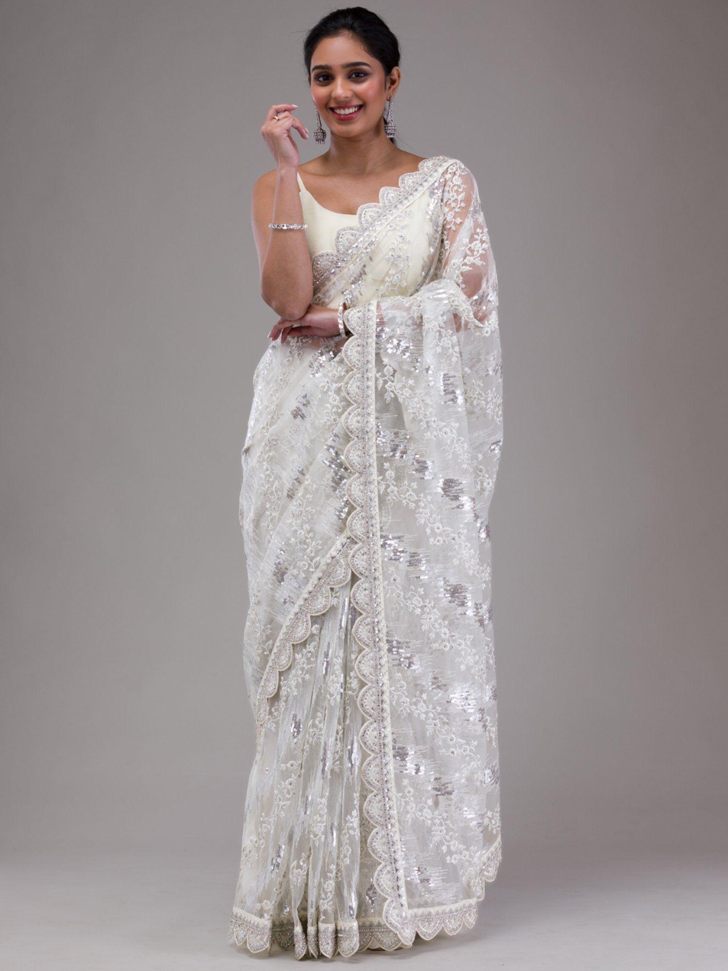 white thread work net saree with unstitched blouse