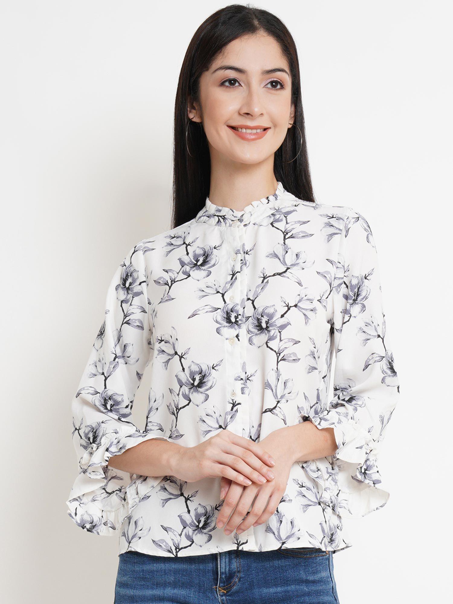 white three fourth sleeves printed top