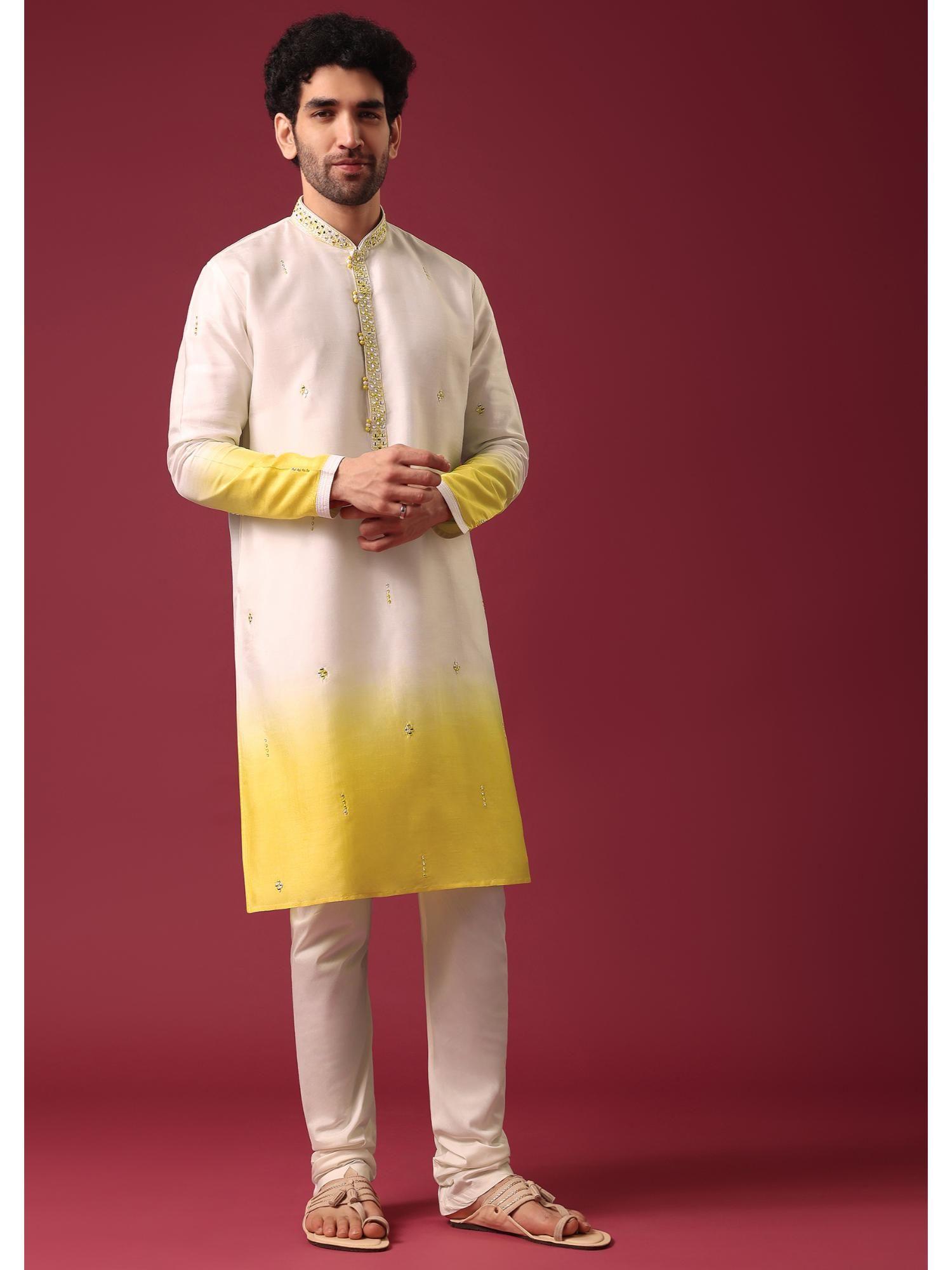 white tie dye kurta in silk with mirror work (set of 2)