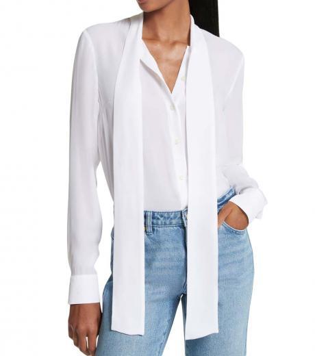 white tie-neck shirt