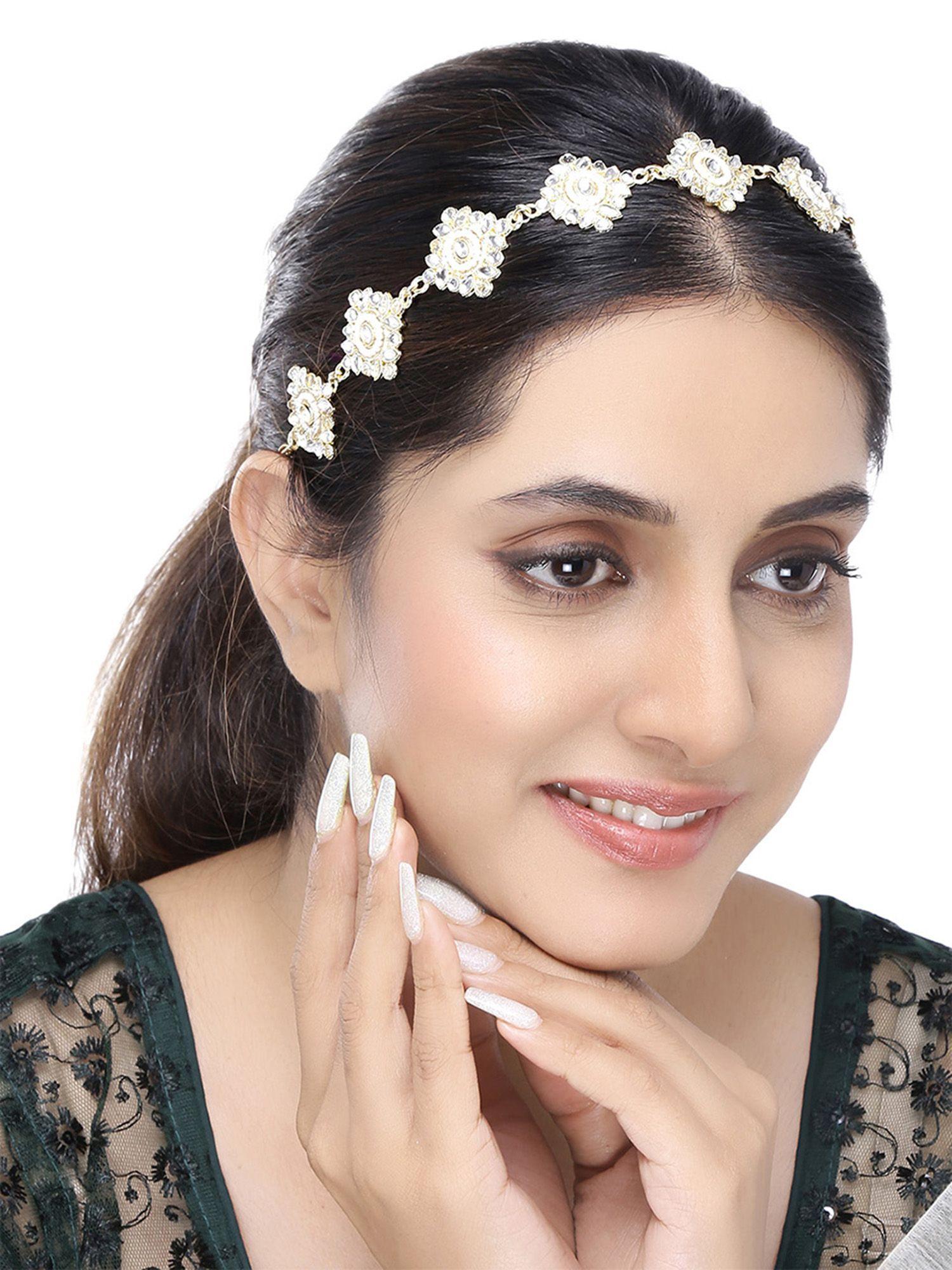 white traditional gold plated kundan studded hairband matha patti