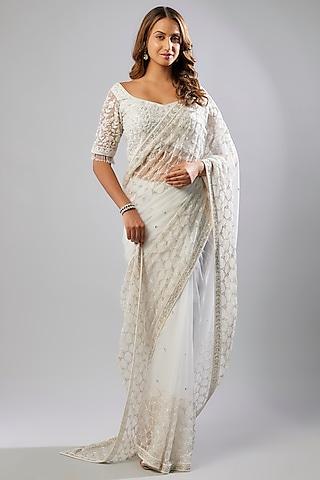 white tulle cutdana bead embellished saree set