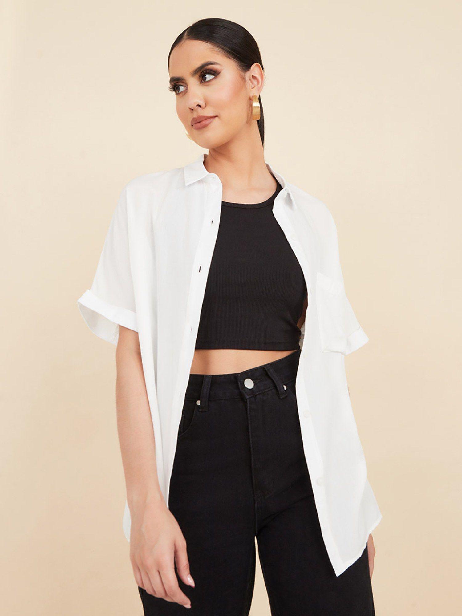 white turn up sleeve viscose relaxed fit shirt