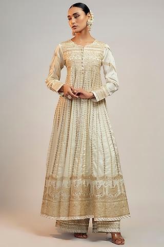 white tussar hand & machine embroidered anarkali set