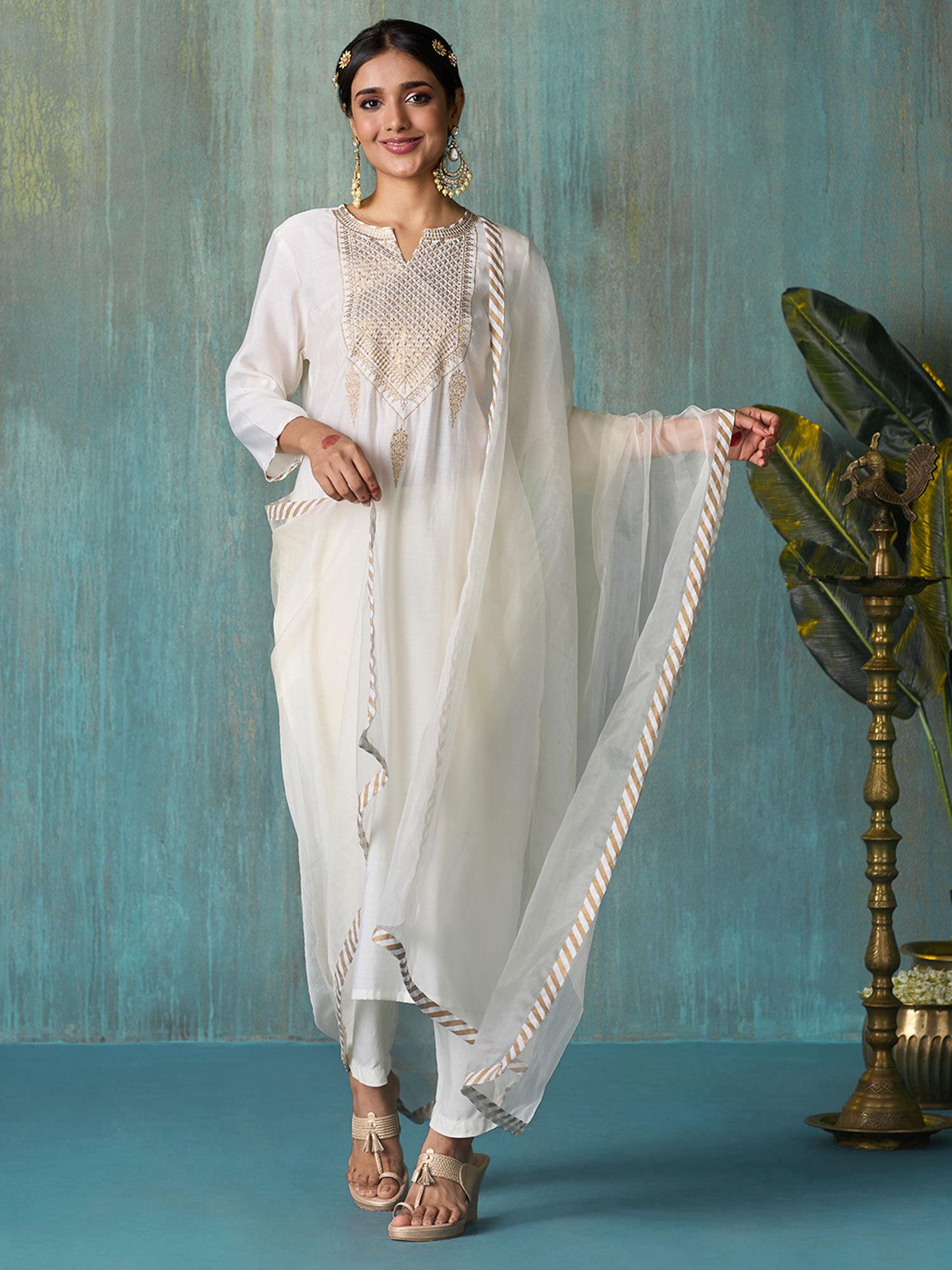 white tyohar embroidered kurta pant & organza dupatta likskd291 (set of 3)