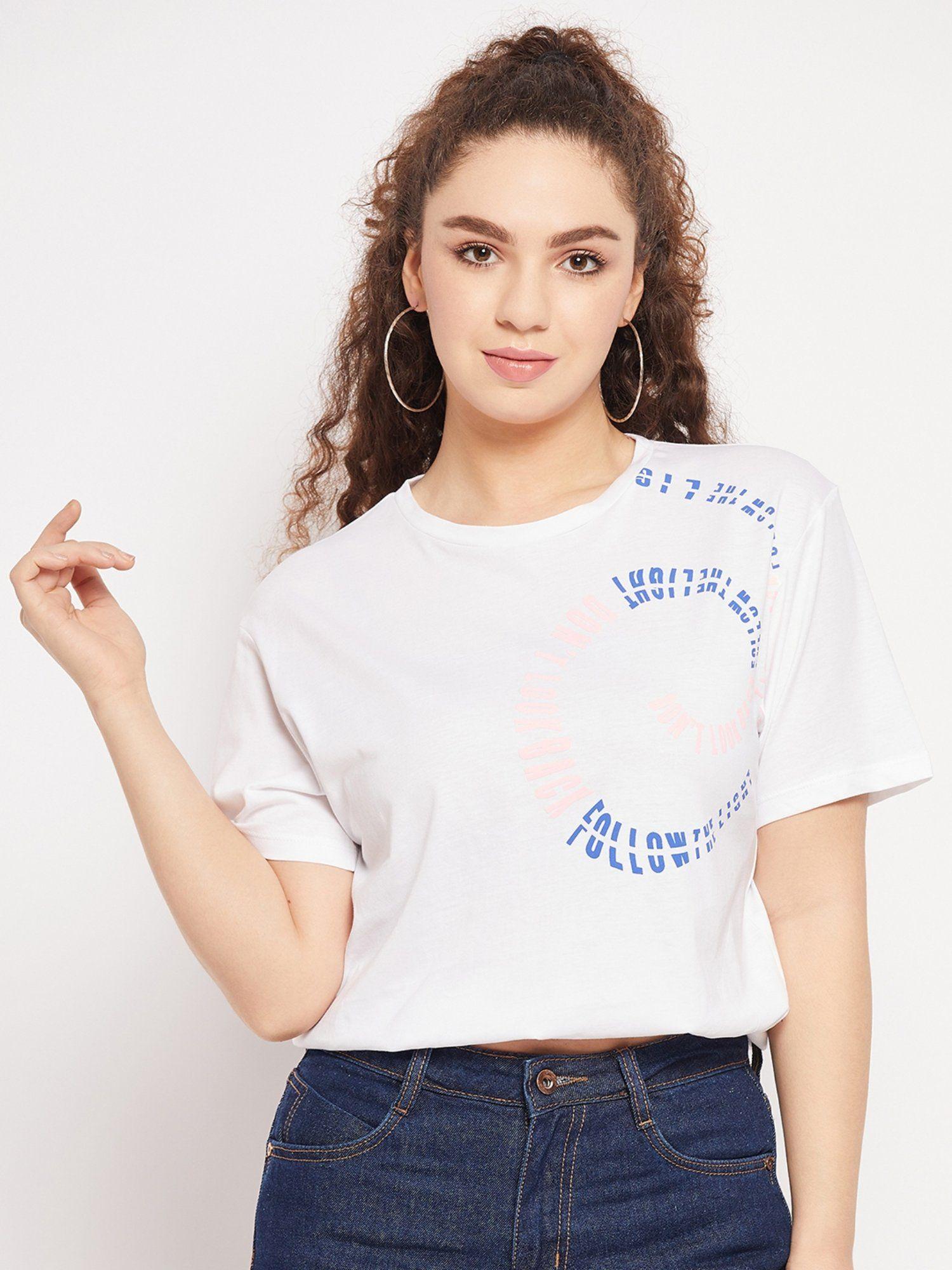 white typography round neck tops