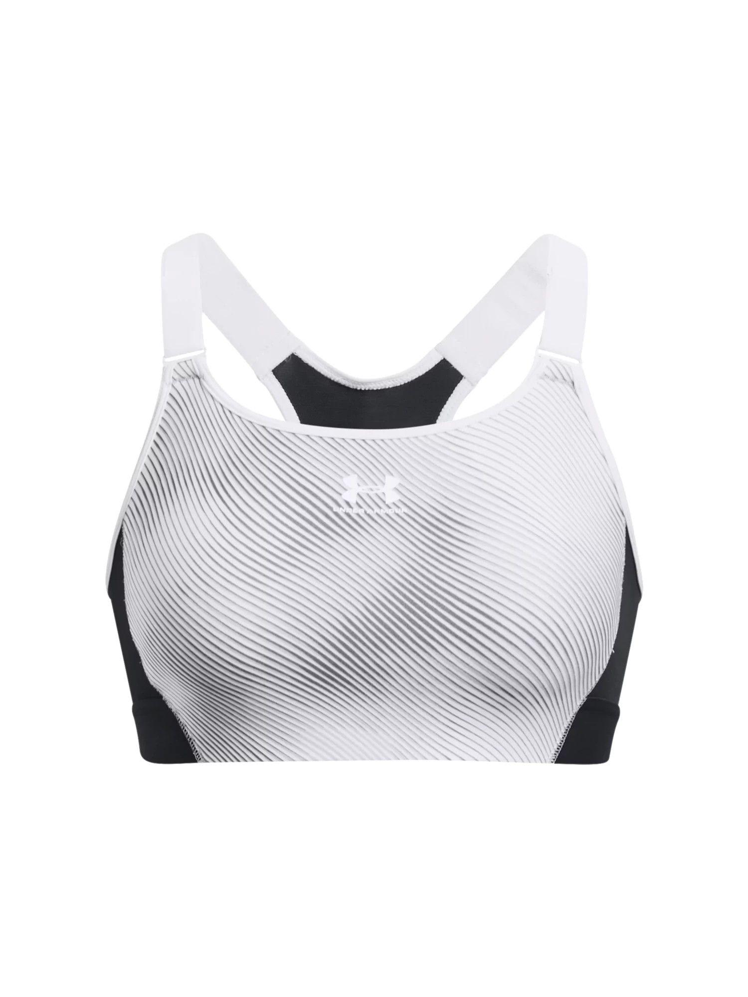 white ua heat gear armour high printed sports bra