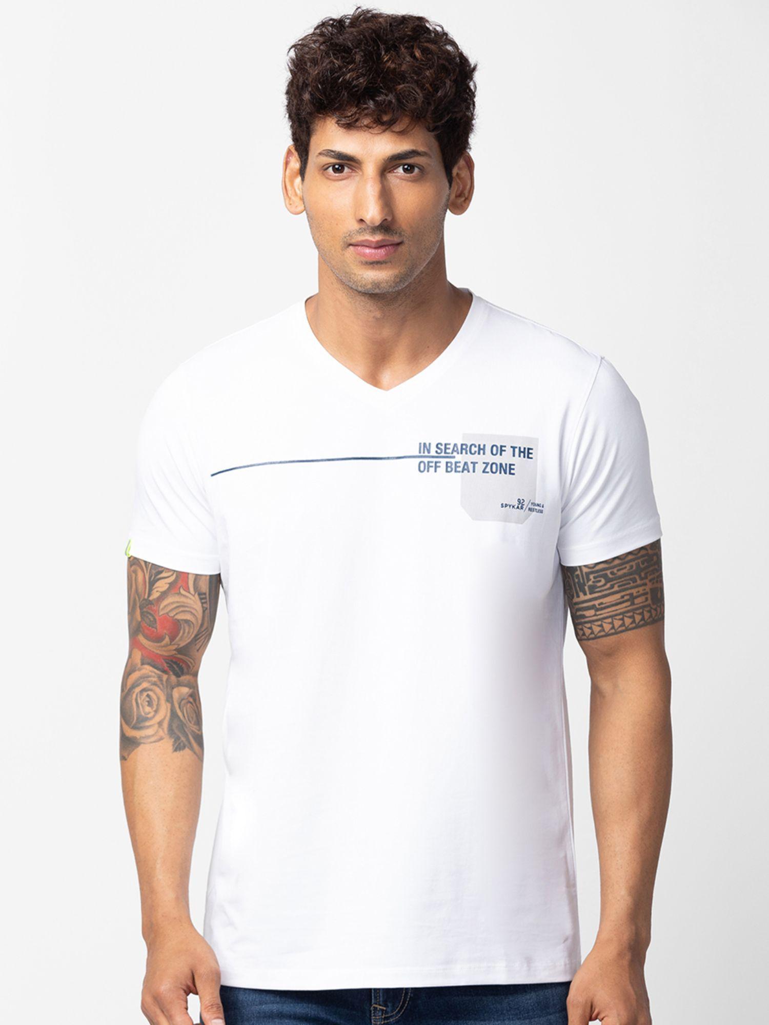 white v neck half sleeves blended t-shirt for men