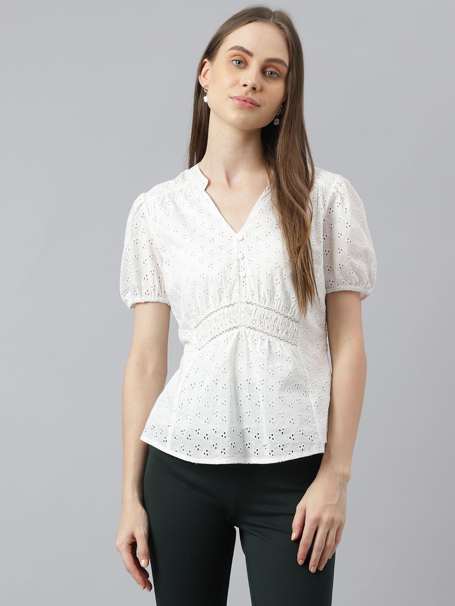 white v-neck half sleeves blouses tops for casual