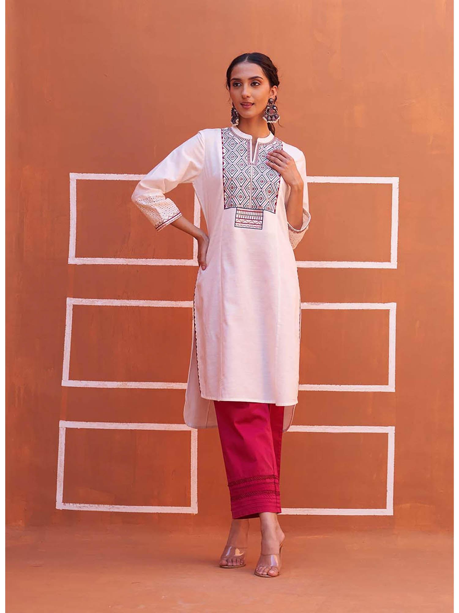 white v-neck kurta with multi color embroidery