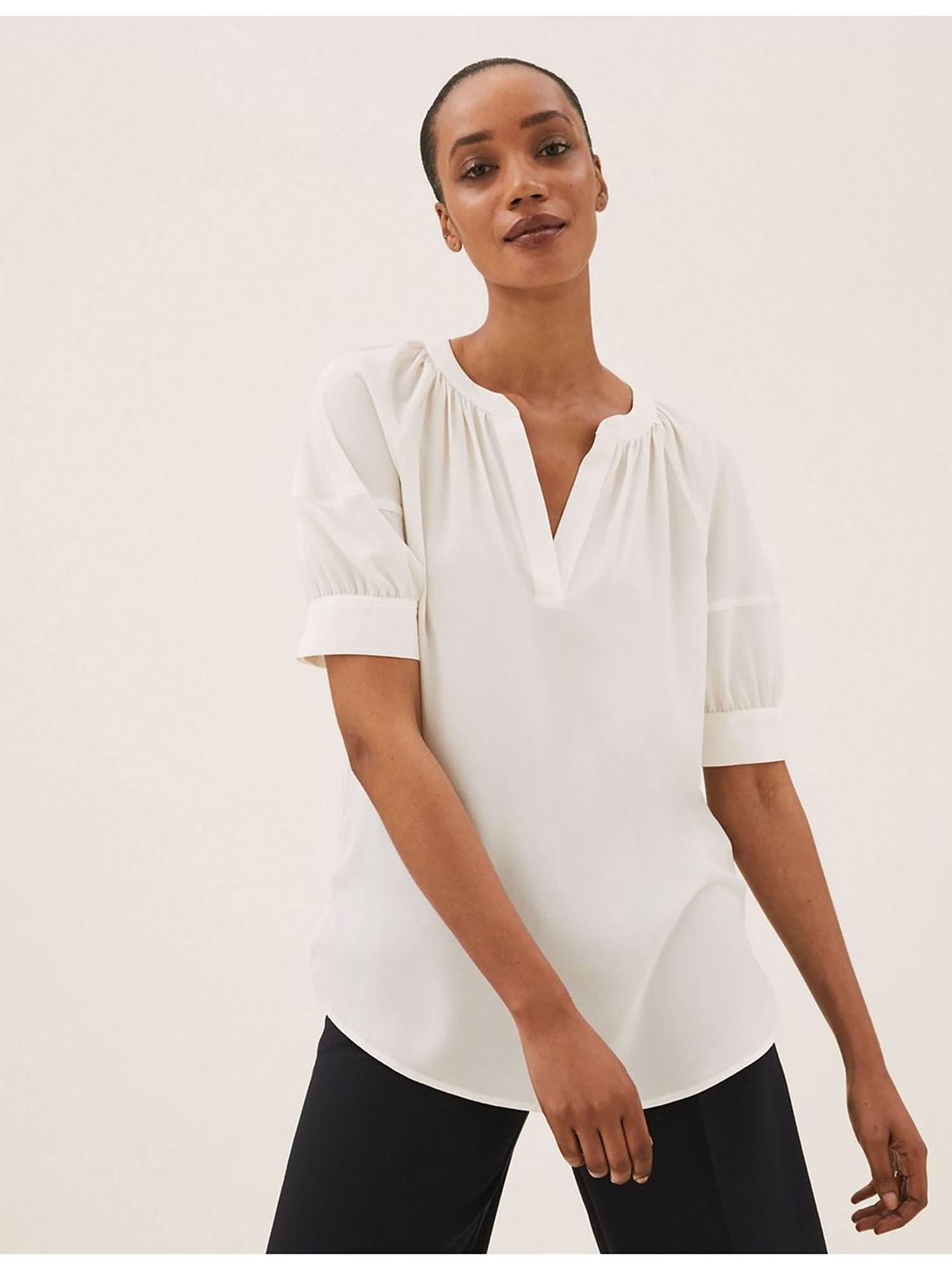 white v-neck puff sleeve popover blouse