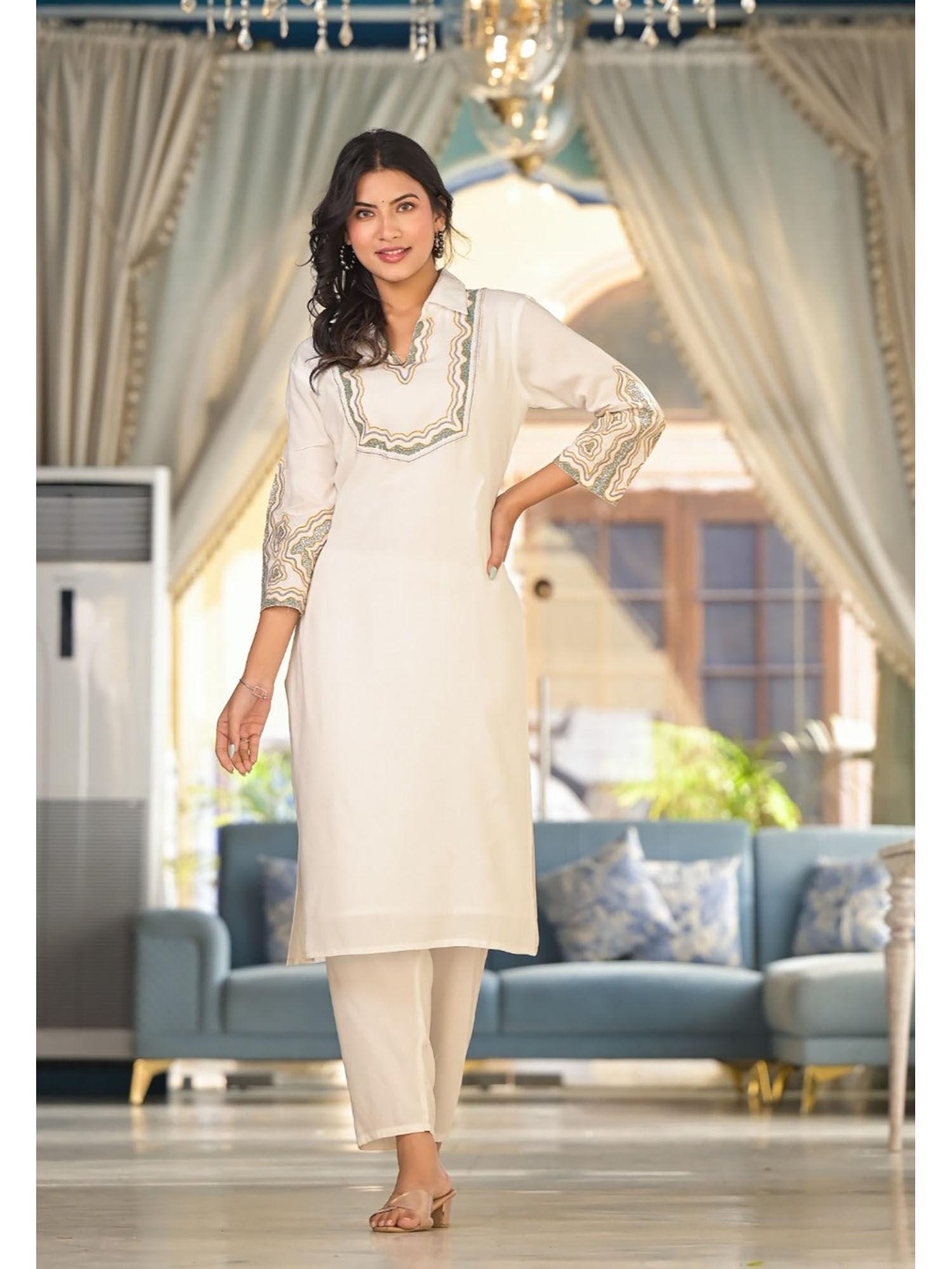 white vartika embroidered kurta with pant (set of 2)