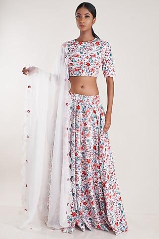 white vegan silk suede printed lehenga set